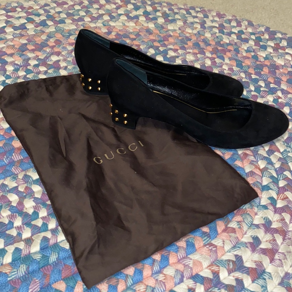 Gucci Jacquelyne Suede Gold Studded Pumps